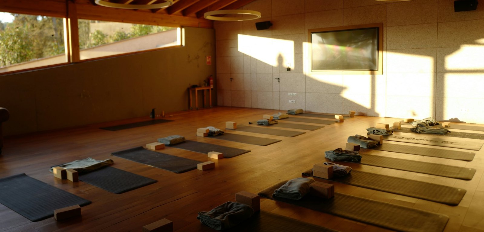 A warm, wood-panelled yoga hall with rows of mats laid out